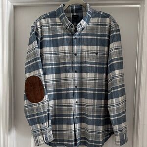 J. Crew Navy and Cream Plaid Shirt with Brown Patches